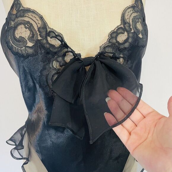 Vintage Josie Lingerie Satin Bodysuit Women's Size Medium Black Lace Bow - Picture 3 of 10